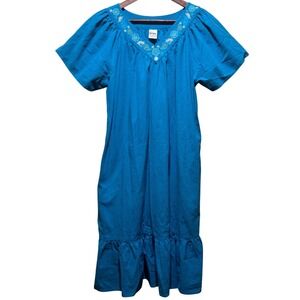 Blue Cotton Denim Embroidered V-Neck Ruffle Hem Pocket Peasant Boho-Folk Dress